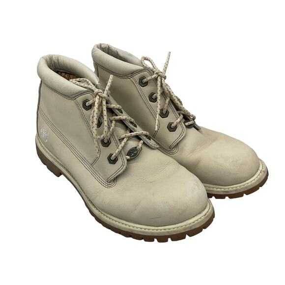 Timberland Women's Cream Leather Bootie Size 8.5 Preowned - Picture 1 of 6